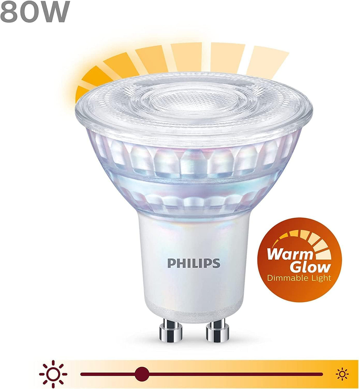 PHILIPS WarmGlow 6 Pack Dimmable [GU10 Spot] LED Light Bulbs, 3.8 W - 50W Equivalent, 2700-2200K. for Relaxed Home Lighting