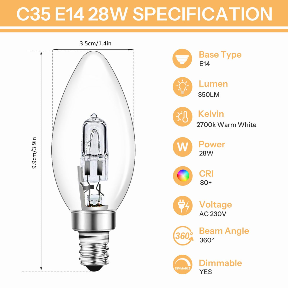 Caldarax E14 Candle Light Bulbs Dimmable, 650LM Warm White 2700K, 230V Clear Glass SES Small Edison Screw Decorative Lamps E14 for Chandelier, Wall Lights, Table Lamps, Pack of 5