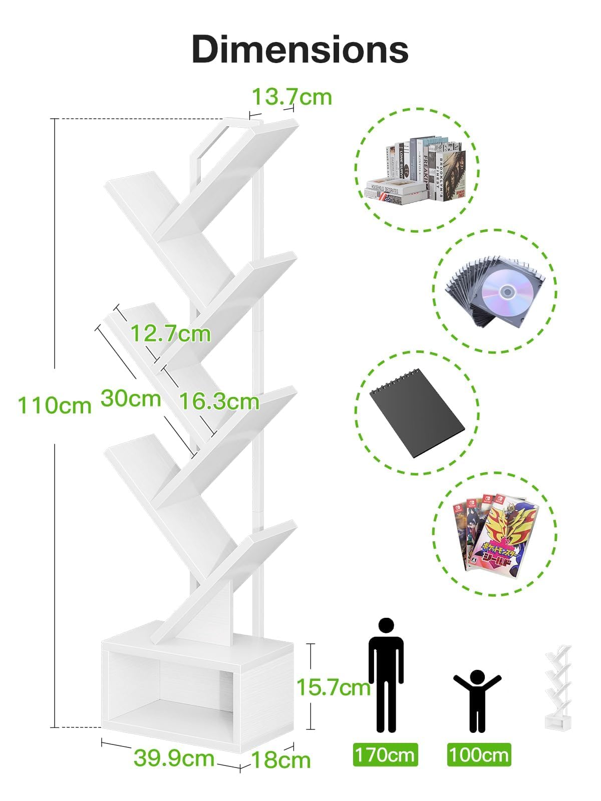 Coleshome Tree Bookshelf, 6-Tier Floor Standing Bookcase, Bookcases suitable for bedrooms and living rooms, Wooden bookshelves suitable for bedrooms and living rooms, White