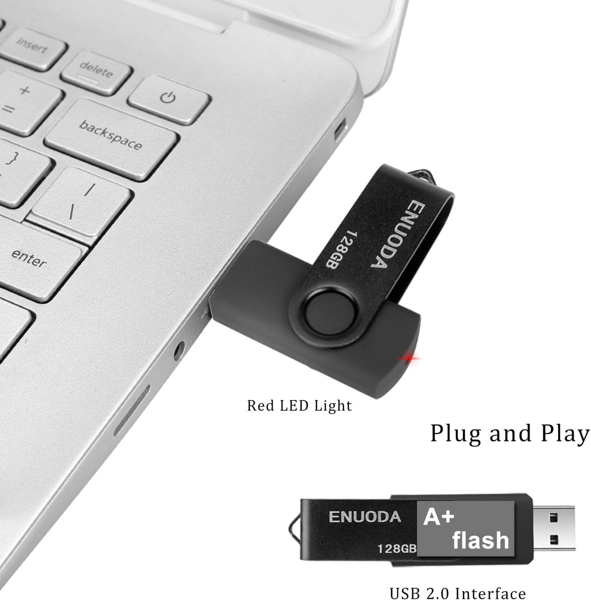ENUODA Memory Stick 128GB USB 2.0 Flash Drives Swivel Design Storage Thumb Drive Pen Drive (Black)
