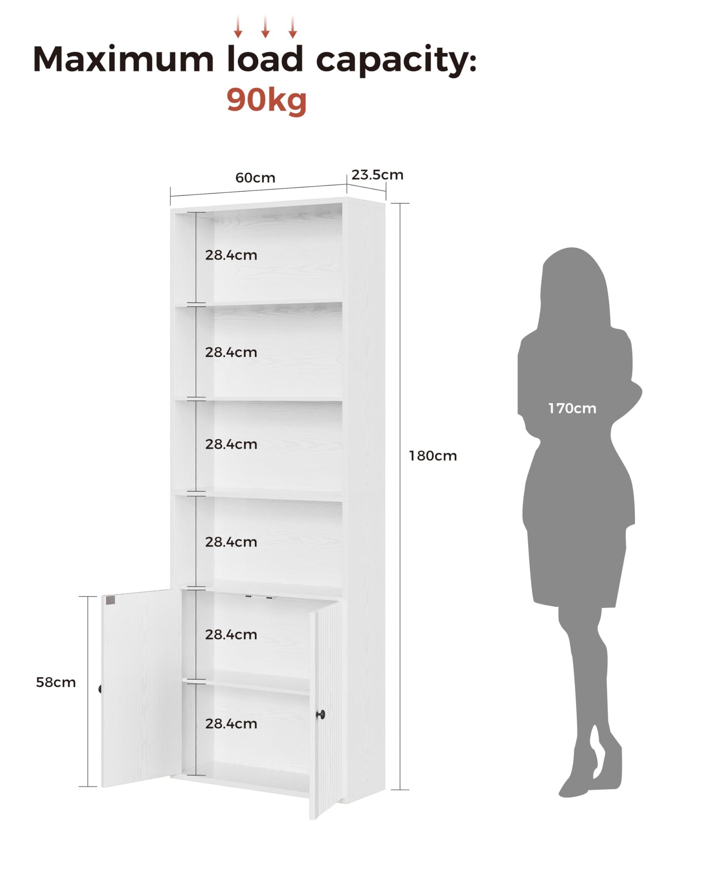 IRONCK Bookcase, Bookshelf with Doors, 6 Tier Tall Book Shelf, Shelving Unit, 60x23.5x180cm Free Standing Display Shelf for Living Room, Home Office, Dinning Room (white)