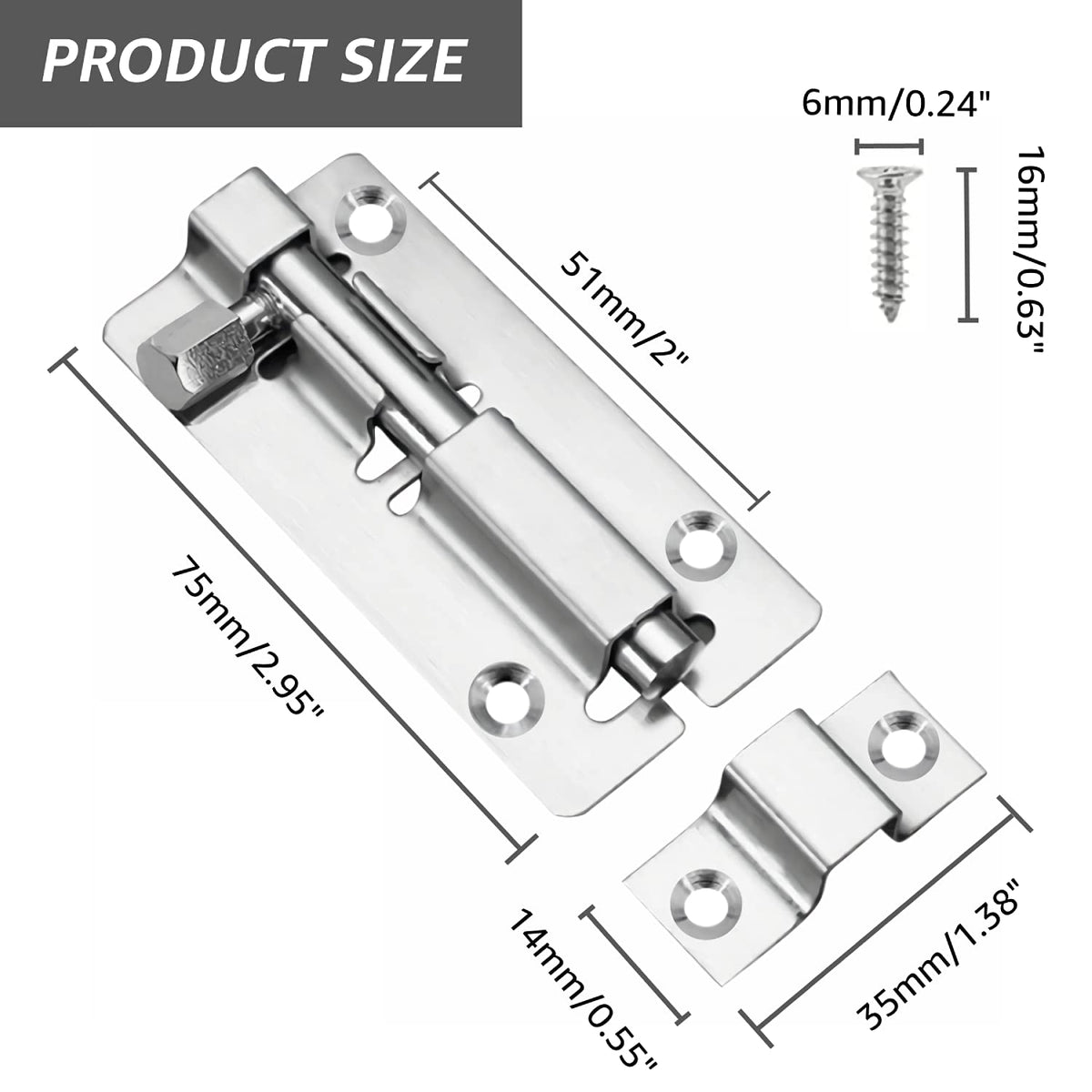 Door Lock Bolts 3"(75mm), Heavy Duty Black Door Latch Slide Bolts Lock with Screws for Bathroom Bedroom Shed Garden Toilet, 3 Inch