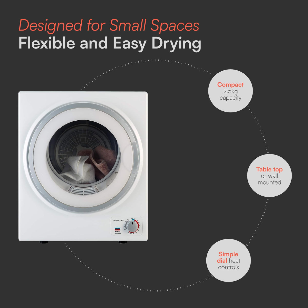 Cookology 2.5kg Mini Vented Tumble Dryer - Tabletop Design - Black
