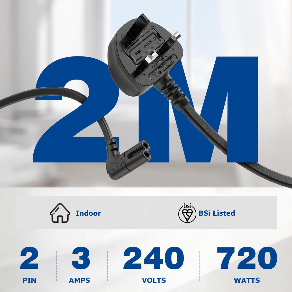 2M Power Cable Compatible with Samsumg TV, Mellbree Quality Safe Right Angle Suitable for Awkward Space Figure 8 Power Cable Compatible with Samsung, LG, Panasonic TV Black