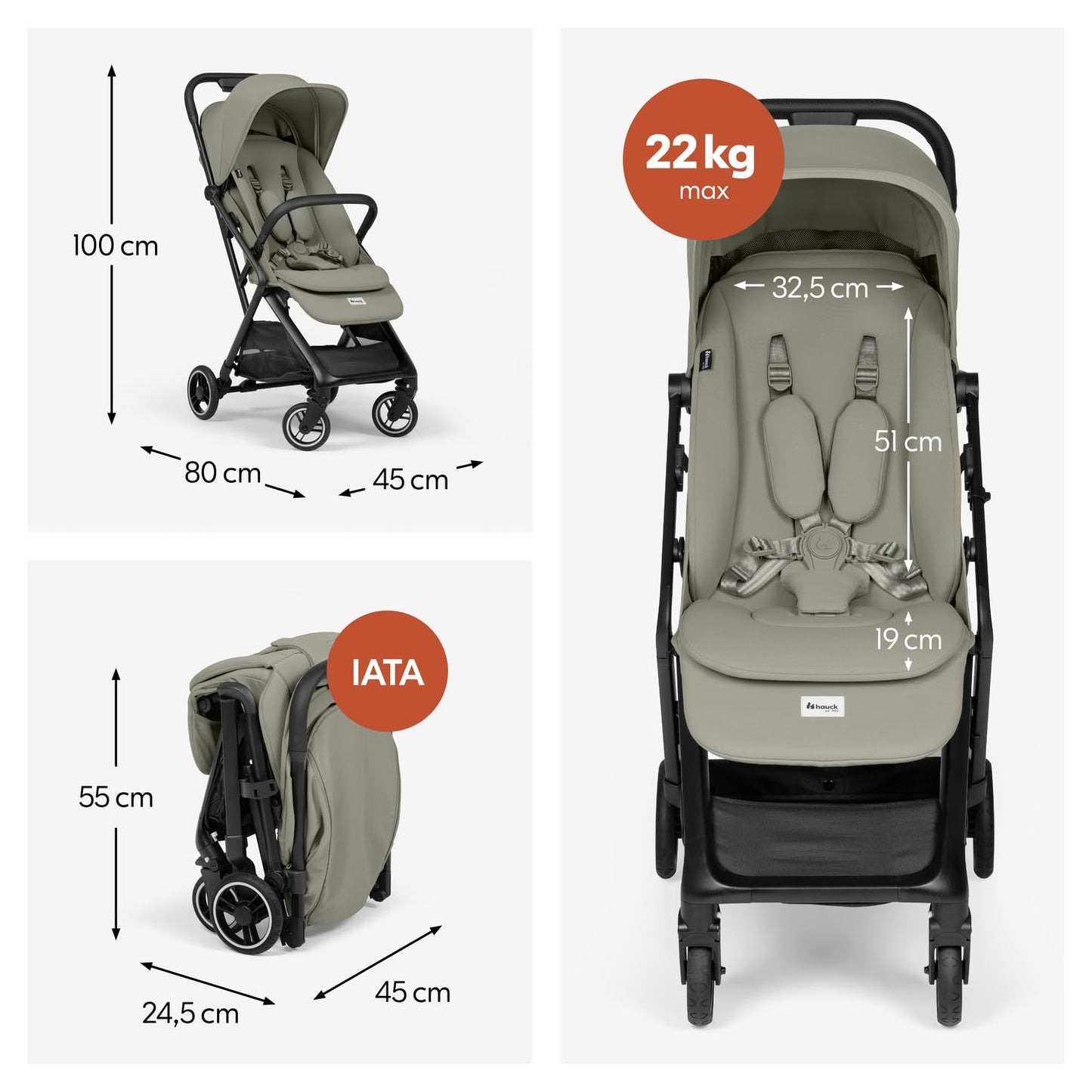 Hauck Fly N Care, Sage Green - Ultra Compact & Light Travel Pushchair (7.5kg) with One Hand Fold, Carry Strap & Bag, Seat Liner, Car Seat Adapter, UPF 50+ Sun Canopy, Fully Reclining Birth to 22 kg
