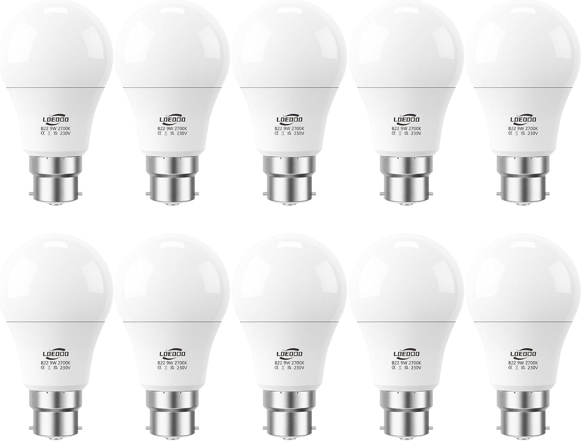B22 Bayonet Light Bulb 9W=60W, 6000K Cool White, 806LM, Pack of 6
