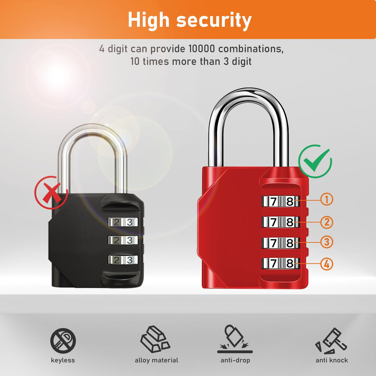 NAGE Padlocks with Code, Combination Lock 4 Digit Gym Locker (1P, Red)