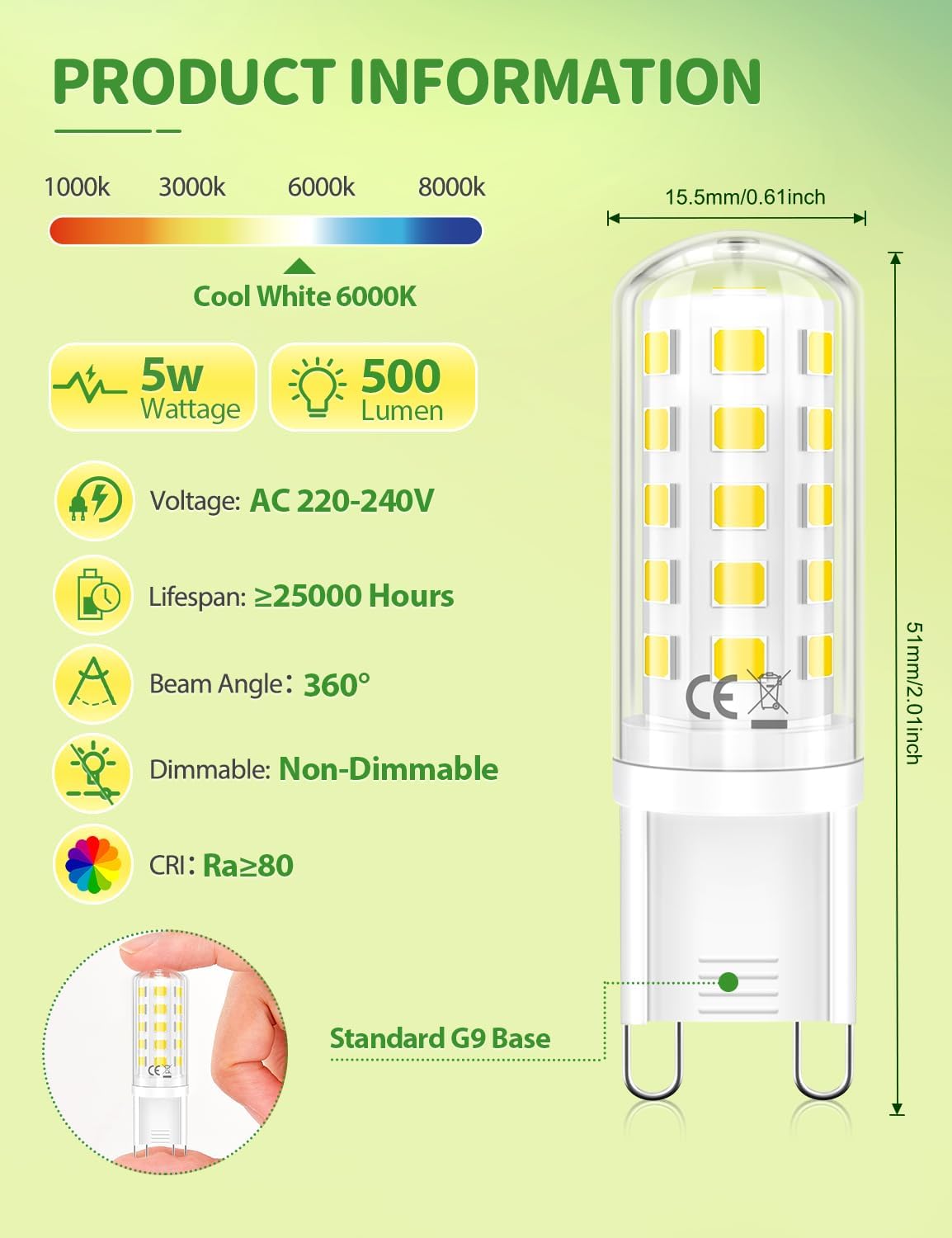 G9 LED Bulbs Cool White, 5W(45W Equivalent) 6000K, 500LM, Pack of 5