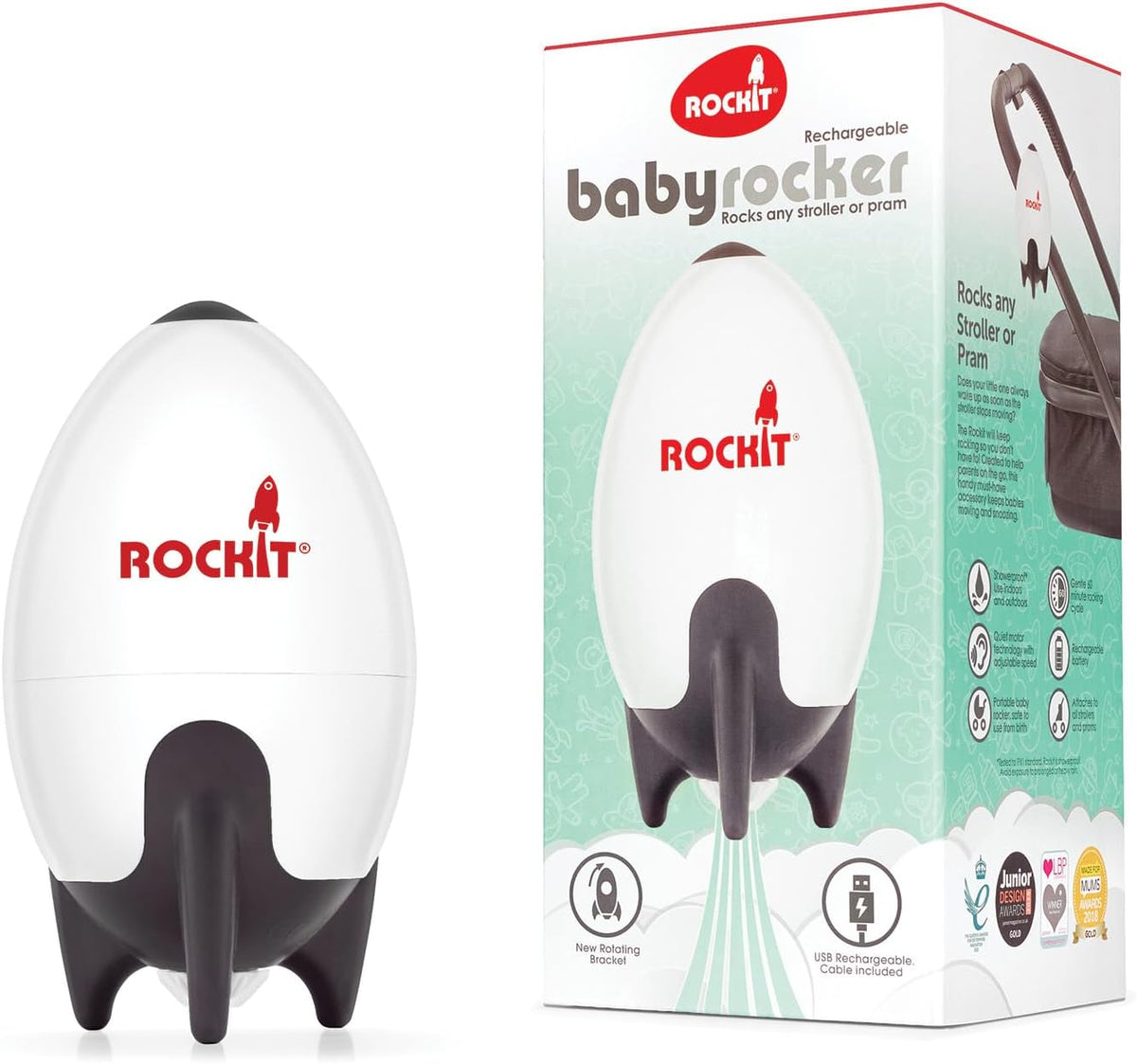 Rockit Rocker Rechargeable Pram Rocker - Baby Pushchair Rocking Device, Soothing Motion for Stroller or Buggy, Adjustable Speed, 60 Minute Timer, Universal Fit