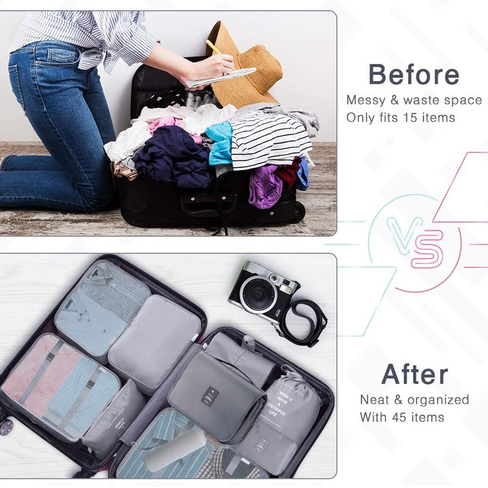 Travel Packing Cubes, Toifucos Multifunction 8pcs/set Luggage Organiser Compression Suitcase Essential Bag, Dark Gray