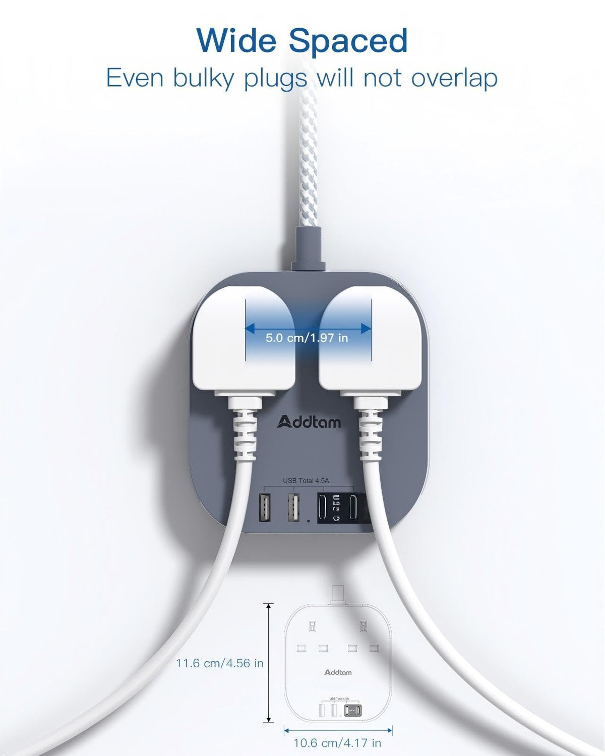 Addtam 3M Extension Lead with USB Slots, Power Strips with 2AC Outlets 4USB