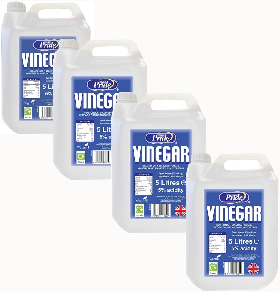 White Vinegar 5L | Food Grade | Suitable for Cleaning, Weed Killer, Limescale Remover, Glass Cleaner, Stain Remover, Baking, Pickling, Marinating | UK Made (Pack of 4)