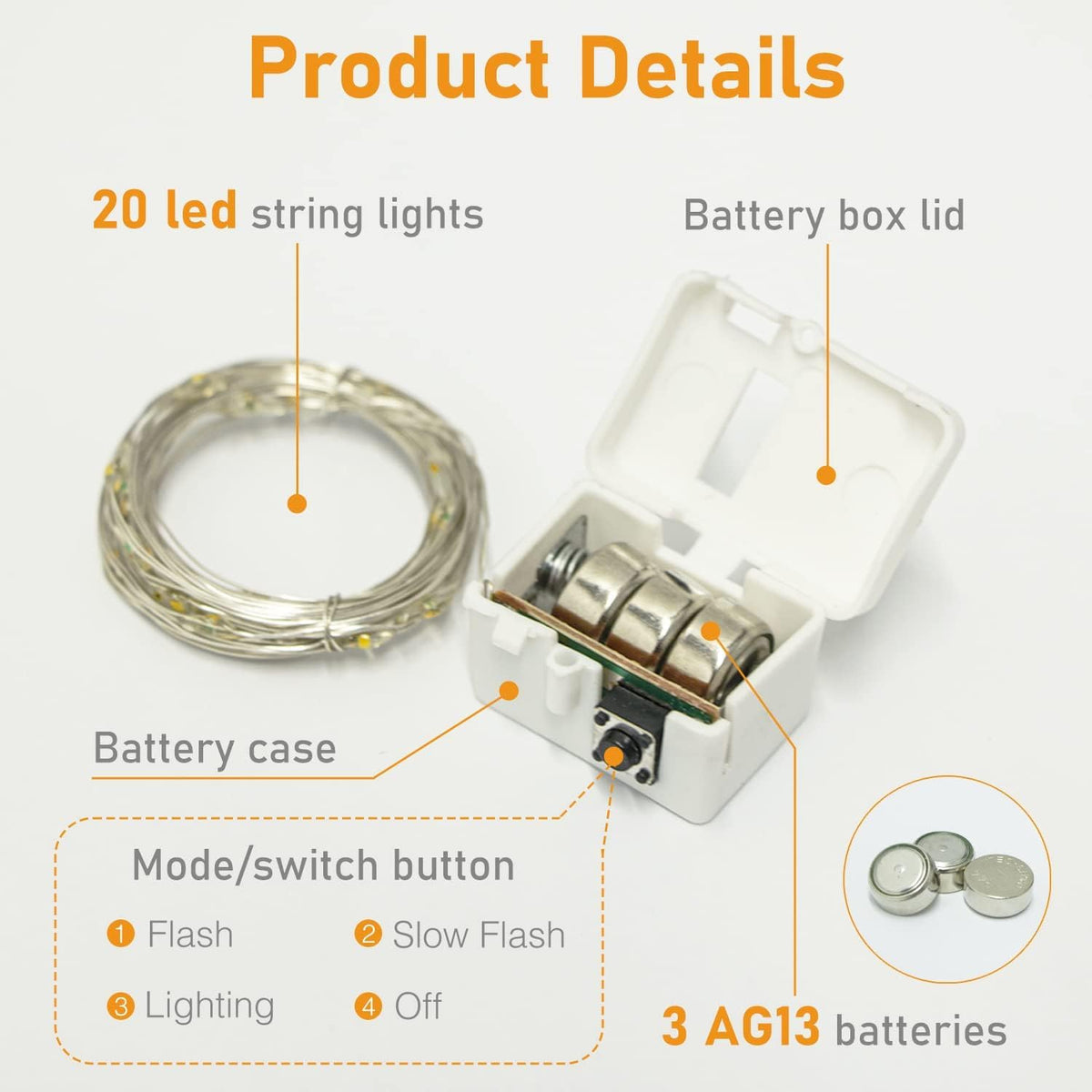 btfarm 12 Pack 3 Modes Fairy Lights Battery Operated, 2M 20LED String Light