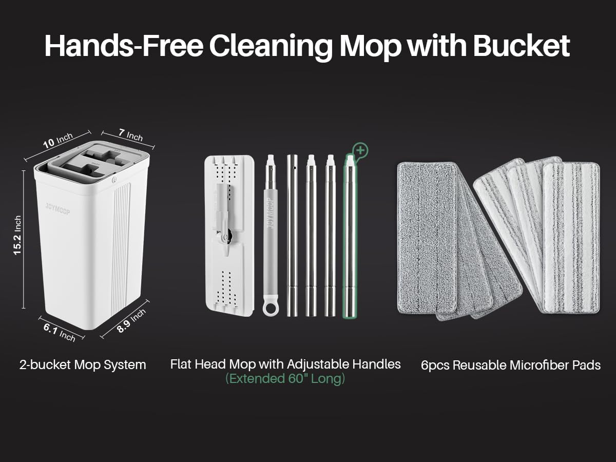JOYMOOP Mop and Bucket with Wringer Set, Hands Free Flat Floor Mop and Bucket, with 3 Washable Microfiber Pads, Wet and Dry Use, Floor Cleaning System