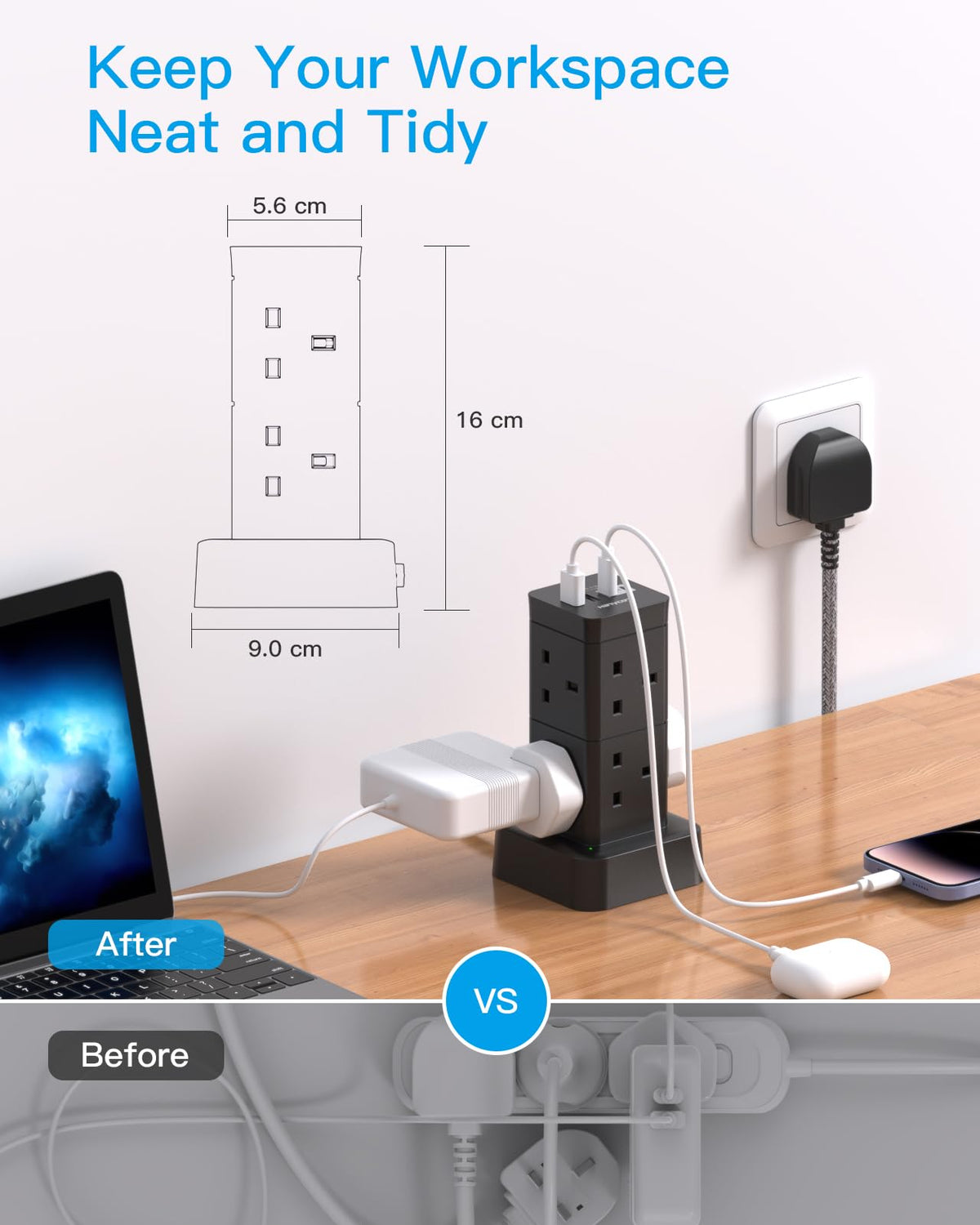 5M Extra Long Tower Extension Lead with 2 USB C, 8 Way Outlets Power Strip