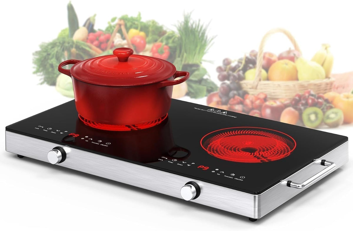 VBGK 2 Ring Electric Hob with Knob, 220V 3000W Double Ceramic Hob, 9 Power Levels, Kids Lock & Timer, Hot Surface Indicator, Overheat Protection, Knob and Touch Control Double Electric Hob