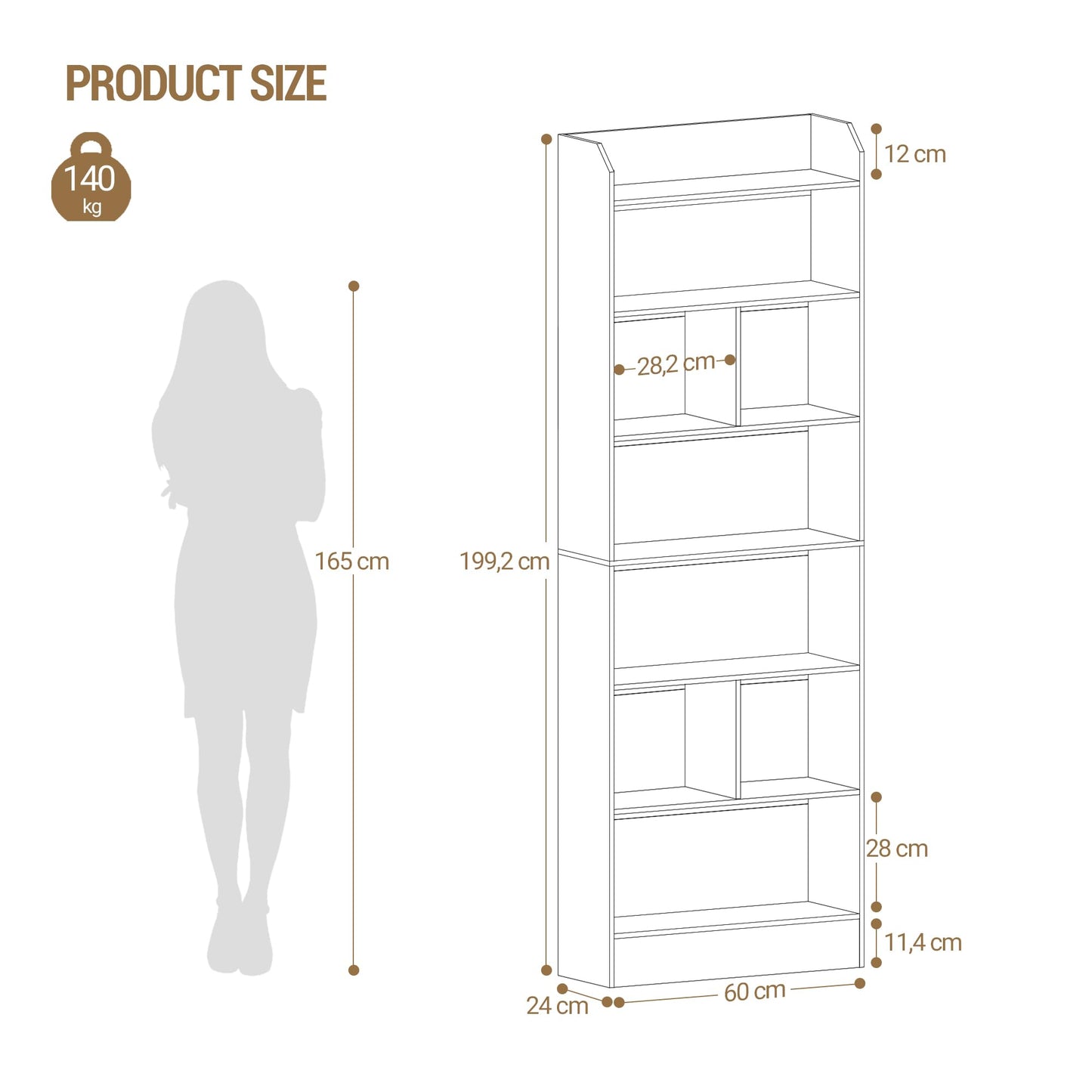 Hzuaneri 6-Tier Bookcase, Bookshelf with 8 Adjustable Storage Shelf Unit, White Bookcase for Living Room, Home Office, Bedroom, Study, 24 x 60 x 199 cm, White, BC11703X