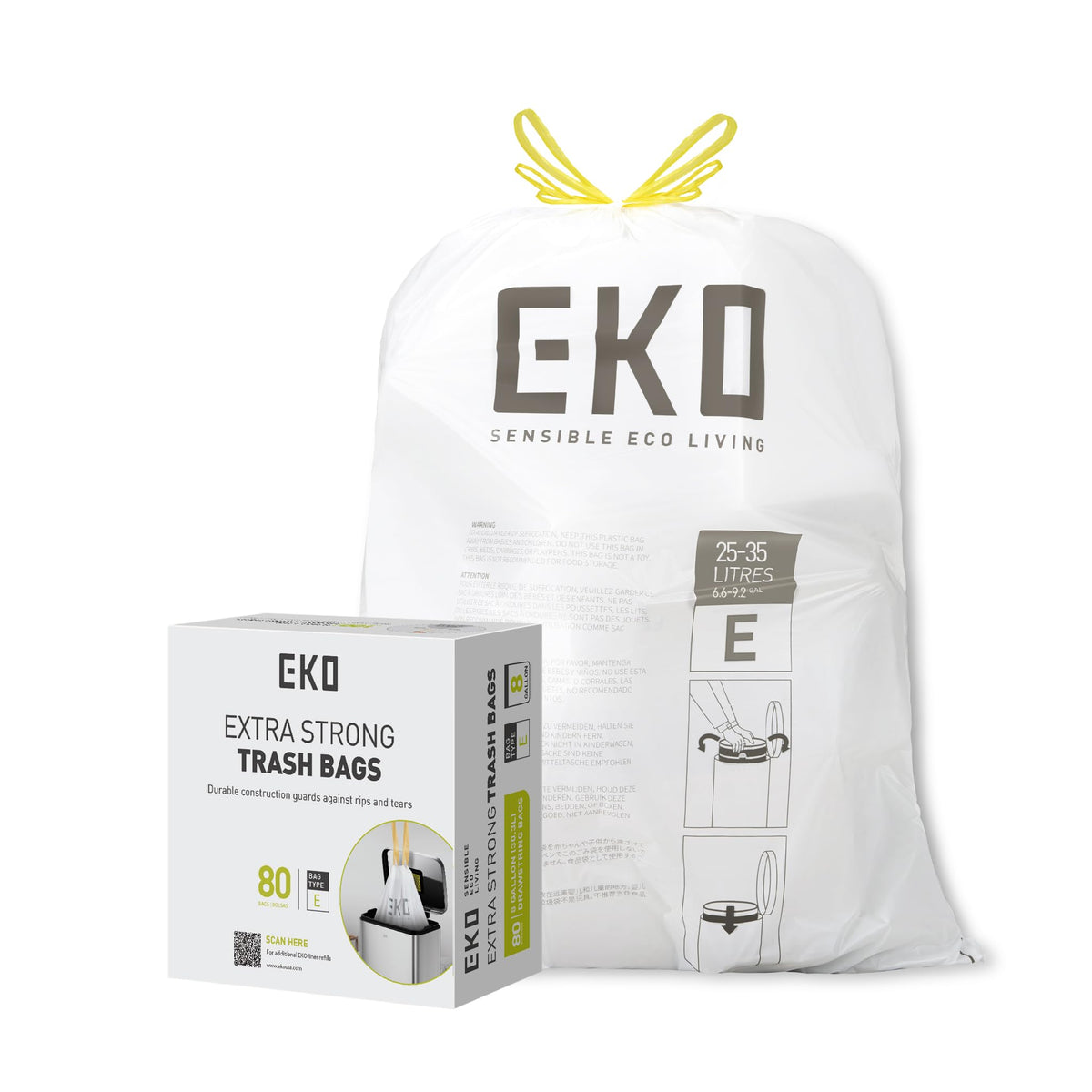 EKO Bin Bags, Kitchen Bin Liners, Drawstring, 40-60 Litre, 12 Count, Code F