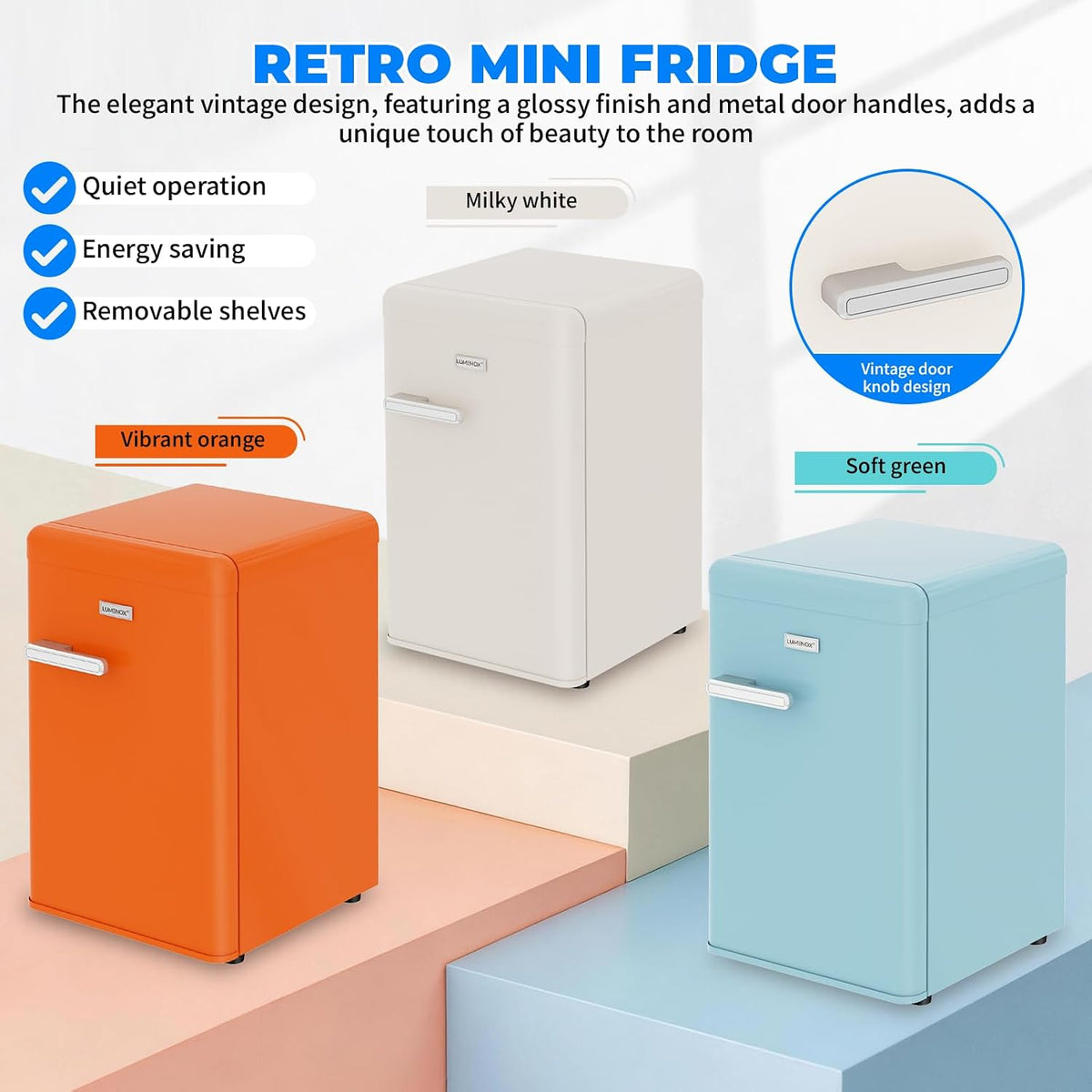 Retro Mini Fridge, 72L Compact Refrigerator, 43dB Quiet Operation, Adjustable 7-Temp Control, with LED Light, for Bedroom, Office, Kitchen & RV