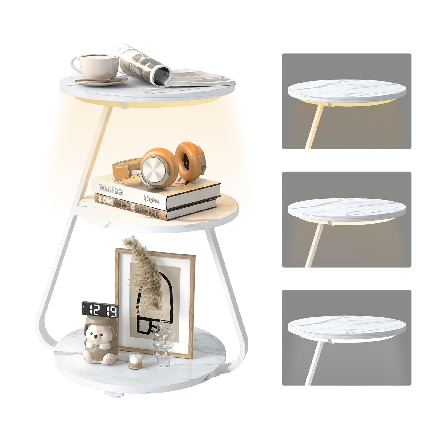 ARTETHYS Side Table, Small Round Coffee Table with 3 Color LED Lights, End Table with 3 Tier Storage Shelves, Bedside Sofa Side Tables for Living Room Bedroom, Rustic Brown