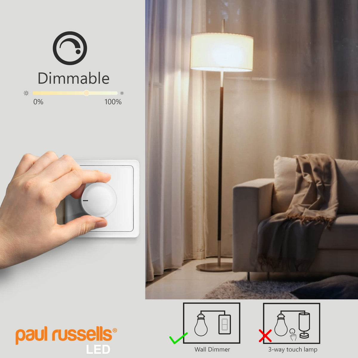 paul russells LED GLS - Dimmable Bayonet Light, 14W 1521 Lumens B22 A70 LED Bulbs, 100w Equivalent, 6500K Daylight, Dimmer Standard BC Energy Saving Ceiling Lightbulbs, 2 Pack
