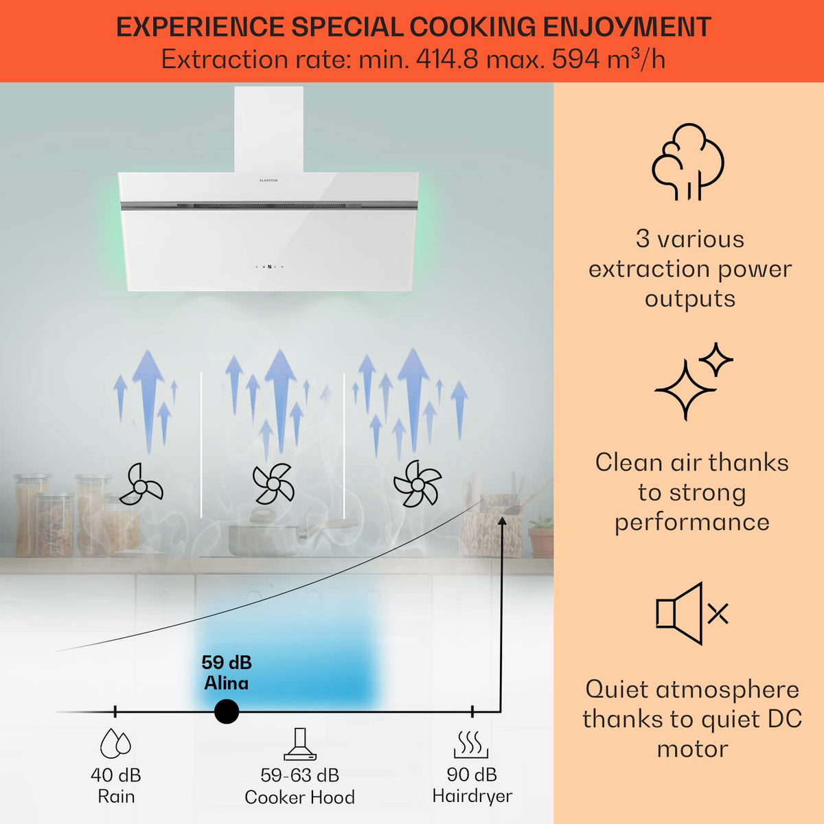 Klarstein Alina 90 Angled Cooker Hood - 615m³/h Air Flow, Touch Panel, LED Backlighting, Quiet 63dB, Energy Class A, 90cm Extractor Hood, Black