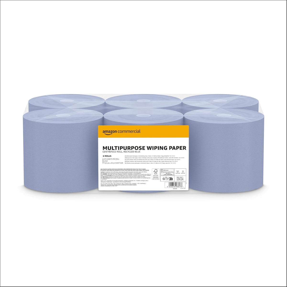 AmazonCommercial Standard Multipurpose Paper Towel, 2-ply Centrefeed, Blue Roll Recycled, 6 Rolls (1 Pack), 415 Sheets per Roll, Sheet Size: 16.5 x 29 cm