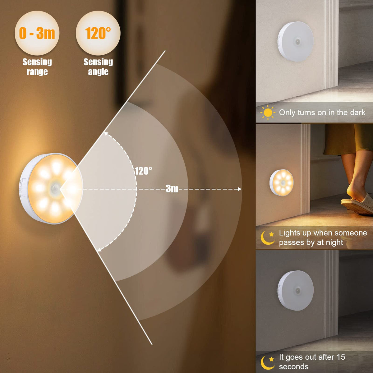 Motion Sensor Lights Indoor, 3 Pack Night Light, Warm Yellow