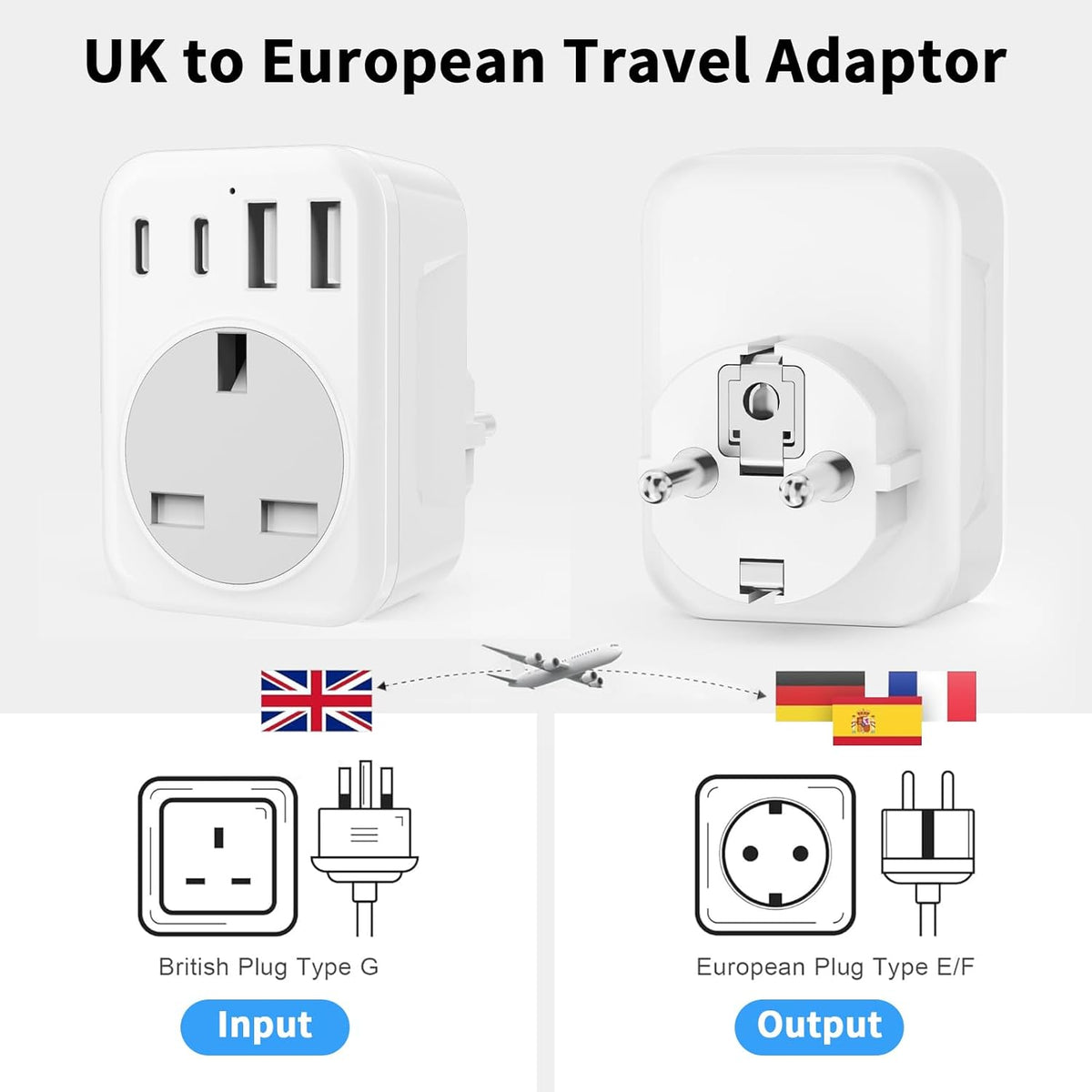 UK To European Plug Adapter,5 IN 1 European Travel Adaptor with 2 USB C & 2 USB A,Grounded EU Plug Adapter for Germany Spain France Turkey Greece etc (Type E/F)