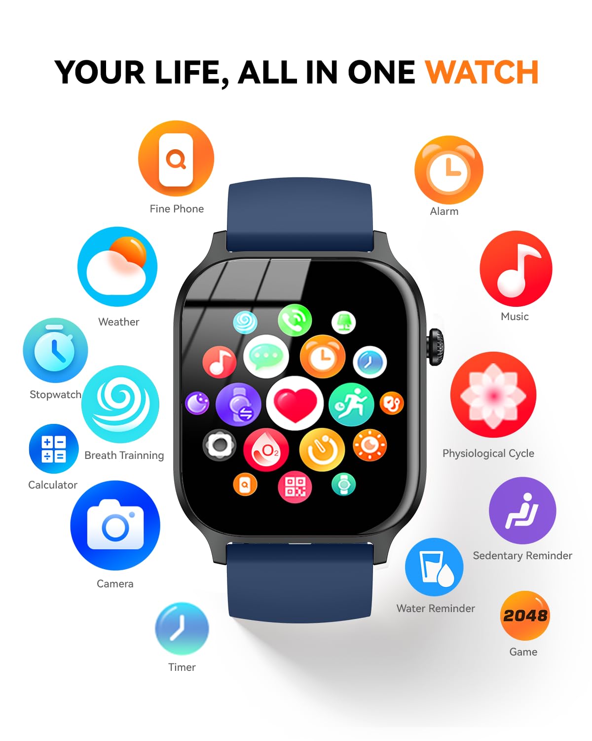Smart Watch for Men Women- Answer/Make Call, 2024 IP68 Waterproof Fitness Tracker Watch with Sleep Step Counter Activity Smartwatch for Samsung Android iPhone iOS (Black-Blue, 1.83)