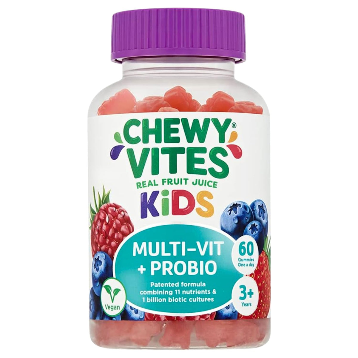 Chewy Vites Kids Multivitamin Advance, 60 Kids Vitamins Gummies, 11 Essential Nutrients, 2 Months Supply, Real Fruit Juice, Vegan, Age 3 +, Blueberry and Raspberry Flavour
