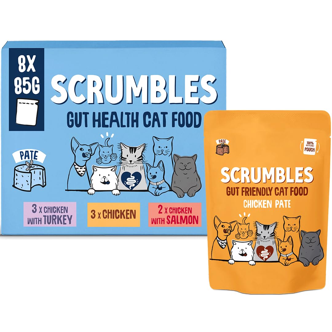 Scrumbles • Wet Cat Pouches • Poultry Jelly • Hypoallergenic • All Lifestages • 2xChicken with Duck • 3x Chicken • 3x Chicken with Turkey • 8 Pouches (85g) • 80%+ Meat • Prebiotics