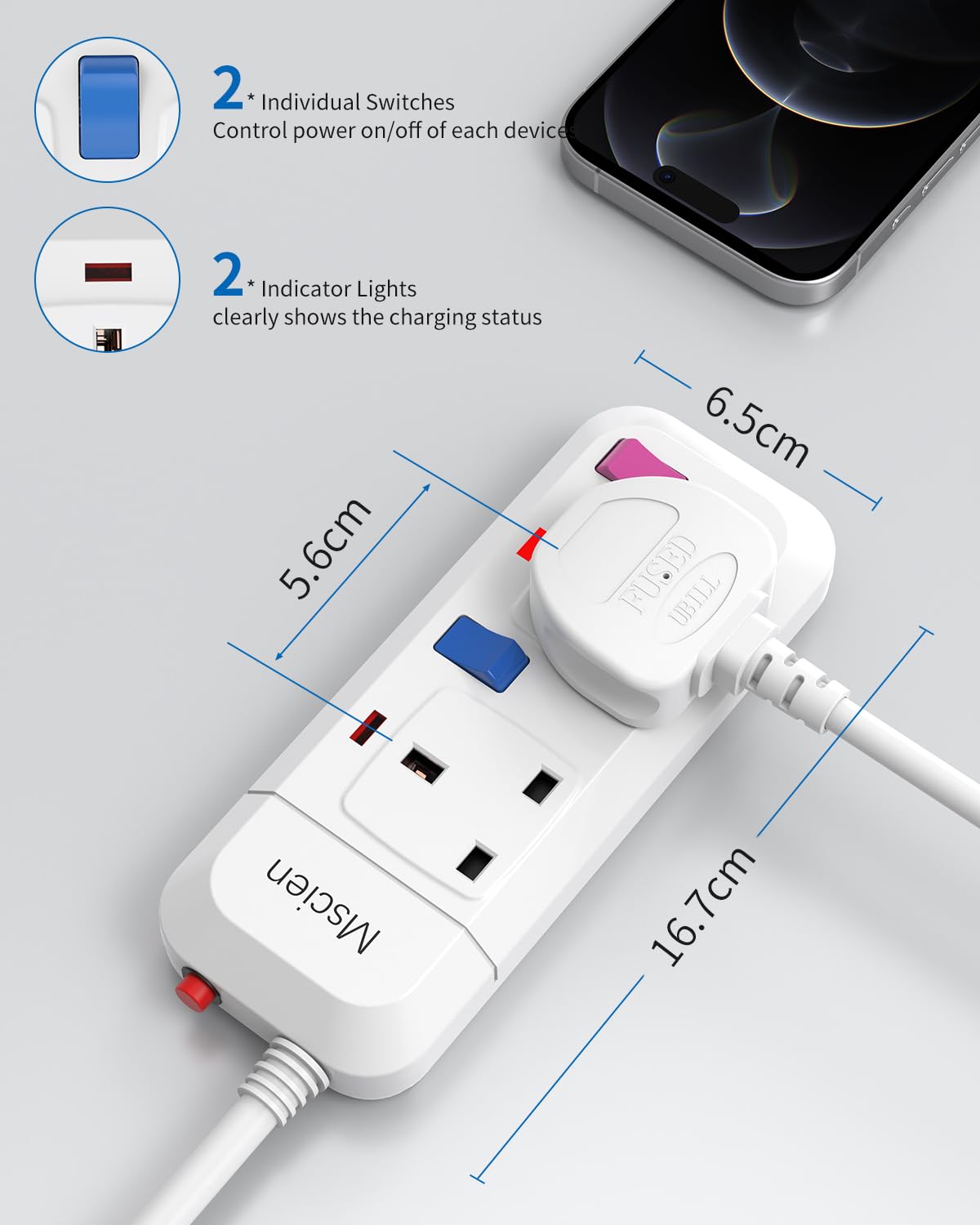 Mscien Extension Lead 2 Way Plug Sockets with Individual Switches Overload Protected Power Strip Wall Mountable 1.5M Extension Cable