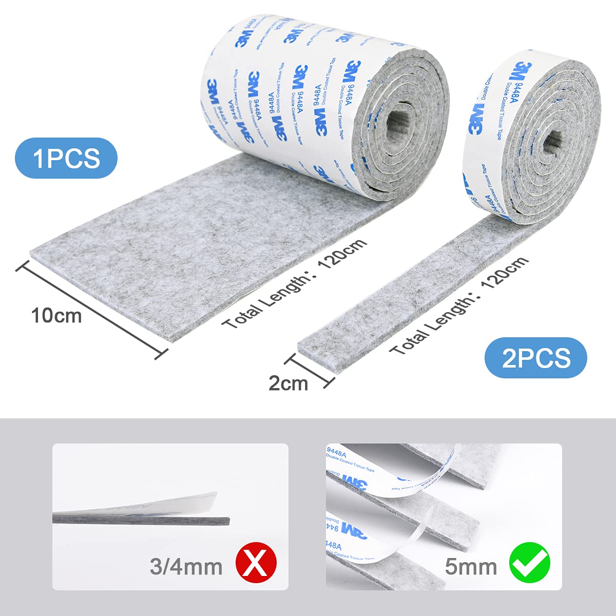 Vicloon Furniture Pad, 3 Rolls Floor Protectors for Furniture Feet (120x10x0.5cm+120x2x0.5cmx2), Felt Pads Tailorable for Chair Feet Legs, Tiled, Cabinet, Hardwood Floor Protectors(Brown)