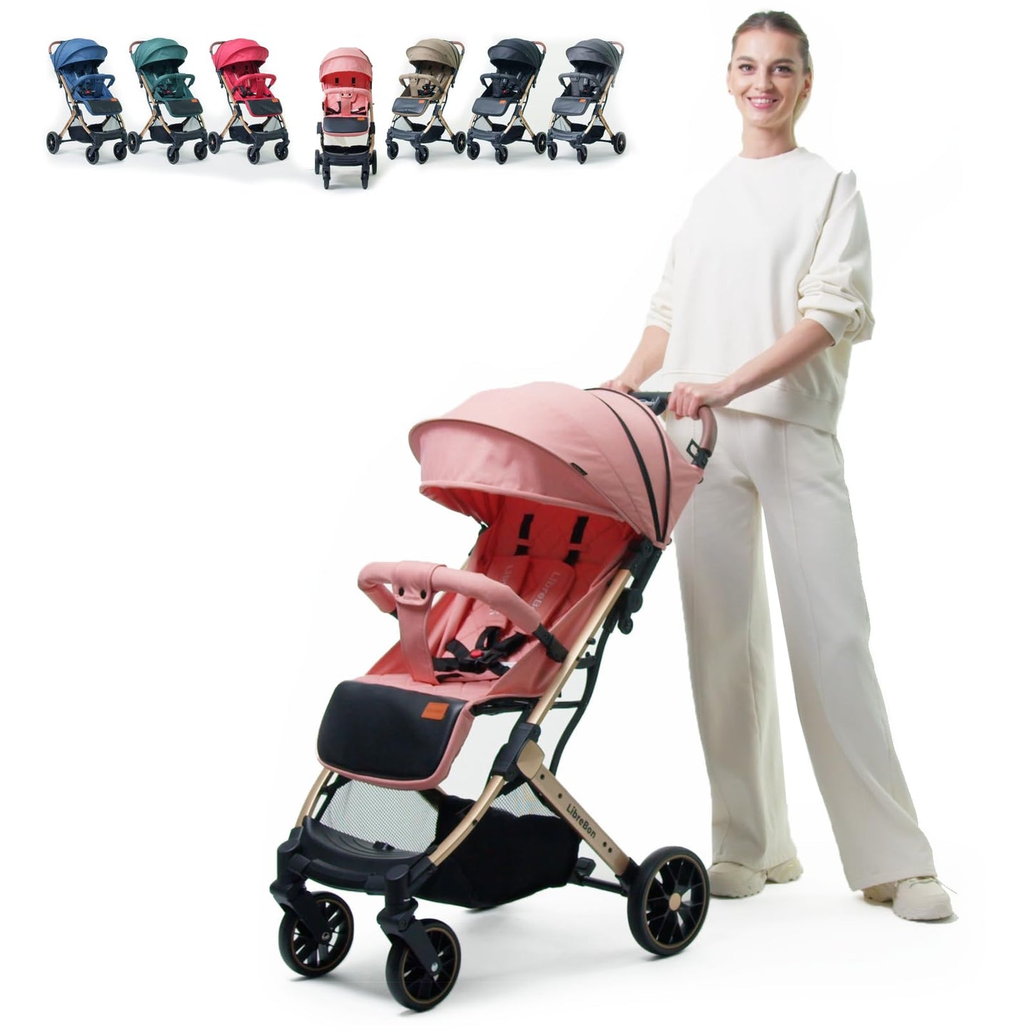 Lightweight Stroller, Baby Pushchair, Compact Travel Buggy, One Hand Foldable, Upgraded Wheels, Four Seasons Stroller, Foot Cover, Mommy Bag, Rain Cover (Pink - Rose Gold Frame)