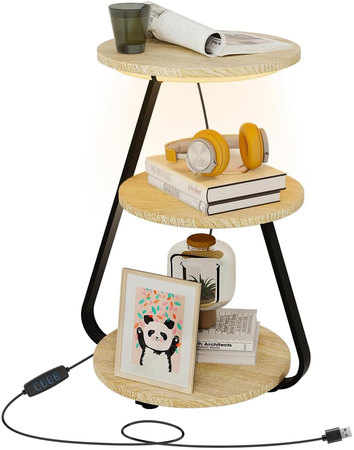ARTETHYS Side Table, Small Round Coffee Table with 3 Color LED Lights, End Table with 3 Tier Storage Shelves, Bedside Sofa Side Tables for Living Room Bedroom, Rustic Brown