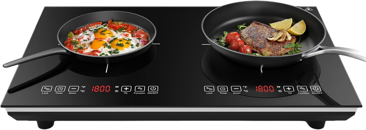 VBGK Double Electric Hob, 220V 3600W Ceramic Hob with Handle, Electric Hot Plate with 9 Power Levels, Child Safety Lock, Timer,Knob and Touch Control, 2 Burner Cooktop
