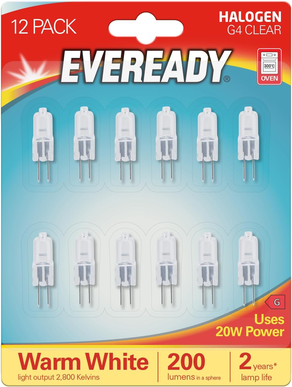 Eveready G4 Halogen Light Bulbs, 20W, 12V, 2-Pin Base, Clear Capsule, Warm White, Dimmable, 12-Pack