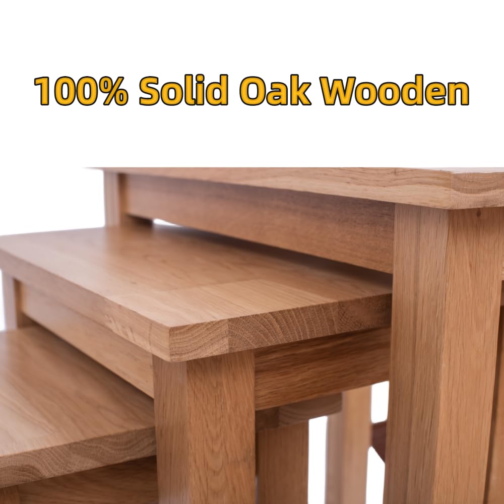 Oak 3 Nest of Tables, Solid Wooden Nesting Tables, Wooden Table Lamp, Plant Table, Multifunctional Nested Coffee Table, Side Tables for Living Room