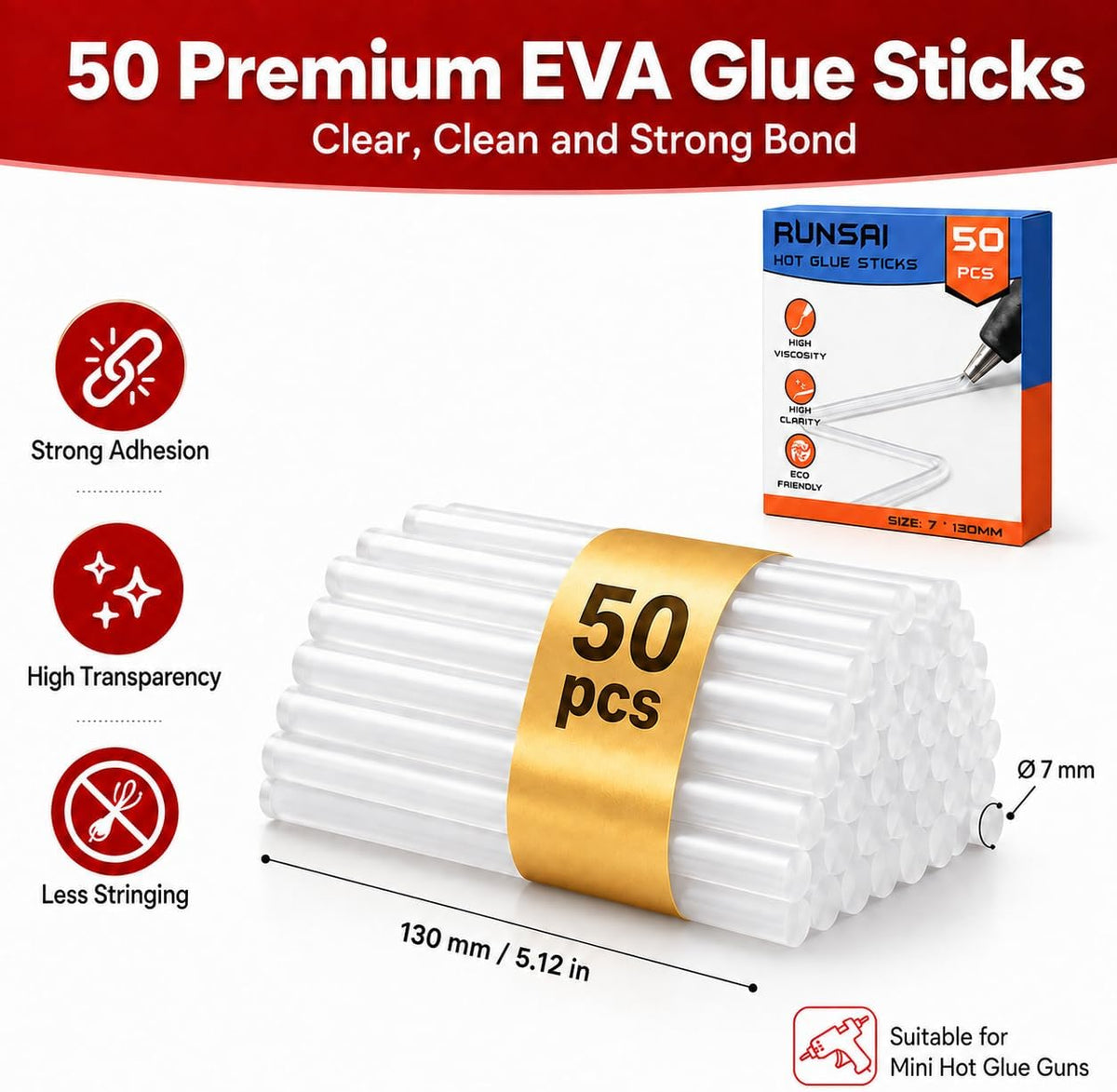RUNSAI Hot Glue Sticks for Glue Gun 7mm x 130mm, 50 Pack