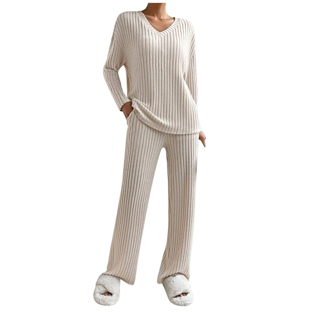 Lounge Wear Sets For Women Uk Womens Pyjamas Set Ladies Pyjamas Two Piece Outfit Fleece Tracksuits V-Neck Long Sleeve Jumpers And Wide Leg Trousers With Pockets Sleepwear Plain Casual Homewear