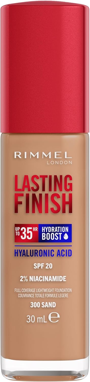Rimmel Lasting Finish 35Hr Foundation 300 Sand, Full Coverage, Hydrating, SPF20, Hyaluronic Acid, Vitamin E, 2% Niacinamide, All Day Wear, Vegan, Cruelty Free
