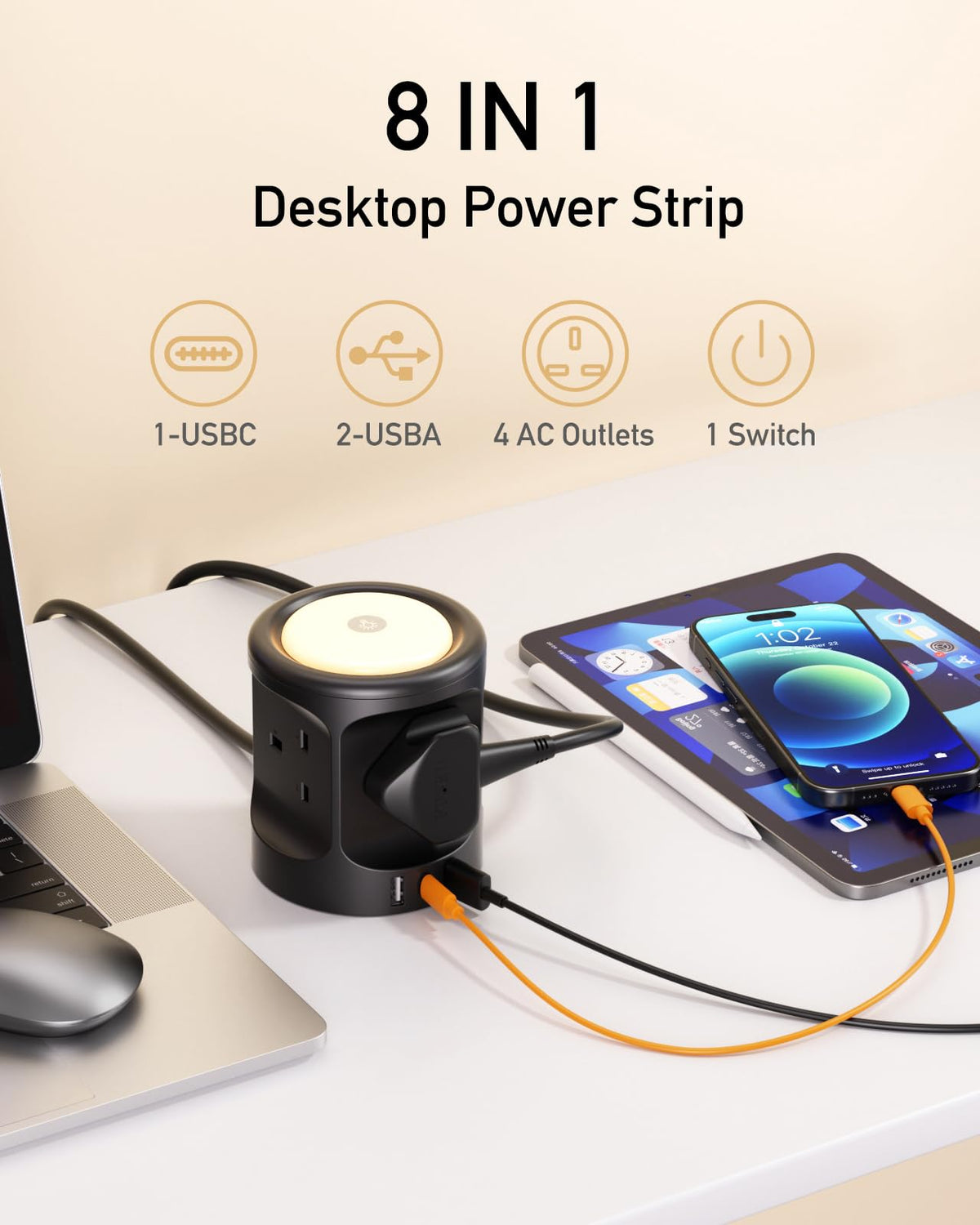 Extension Lead with USB Slots and Night Light, 4 Way (13A/3250W) Multi Plug Extension Cords & 3 USB Ports, Surge Protected Extension Lead with Switches, 2M Extension Cable for Home Dorm Office