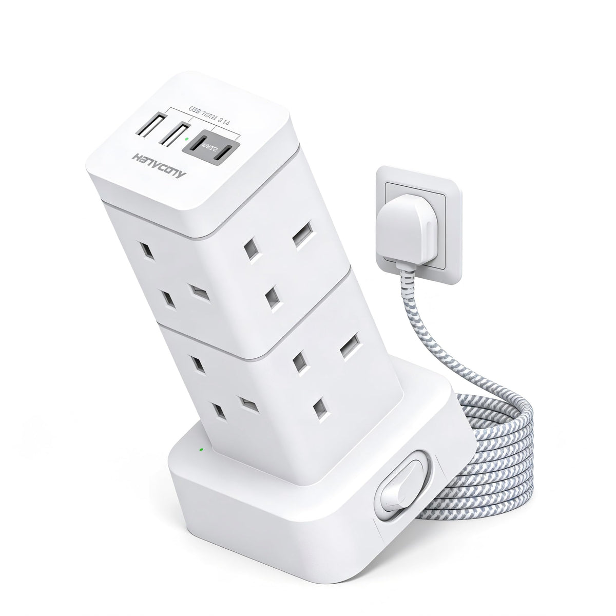 5M Extra Long Tower Extension Lead with 2 USB C, 8 Way Outlets Power Strip