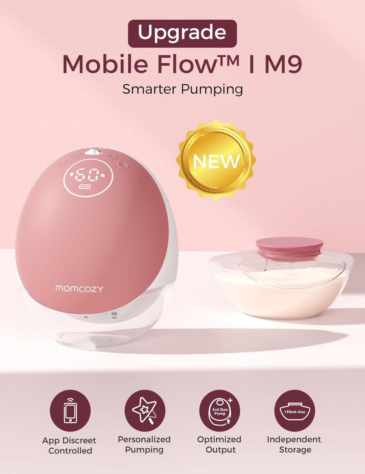 Momcozy Full Set Collector Cup Only Compatible with Momcozy M5 NOT for Others. Original M5 Breast Pump Replacement Accessories (160ml, with Double-Sealed Flange 24mm)