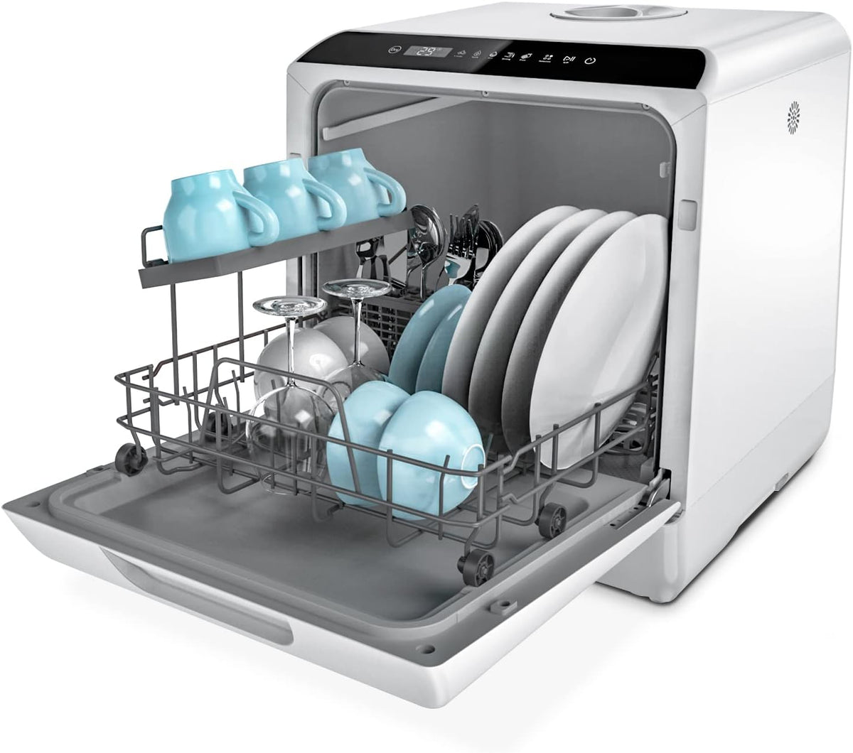 Hermitlux Table Top Dishwasher, Mini Countertop Dishwasher with 4 Place Settings, 5L Built-in Water Tank, 6 Programmes, Touch Control, Baby Care and Fruit Wash, White