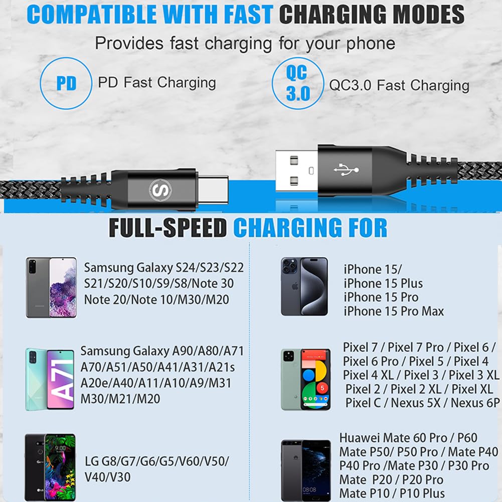 2-Pack 2M USB C Cable 3.1A Fast Car Charger Cable Compatible for iPhone 17 air 16 15 Plus Pro Max, Samsung Flip/Fold 7 6 5 4 3 S26 S25 S24 S10 S20 S21 S22 S23 A16/15/14/13/12 A35/A34 A56/55/54, Pixel