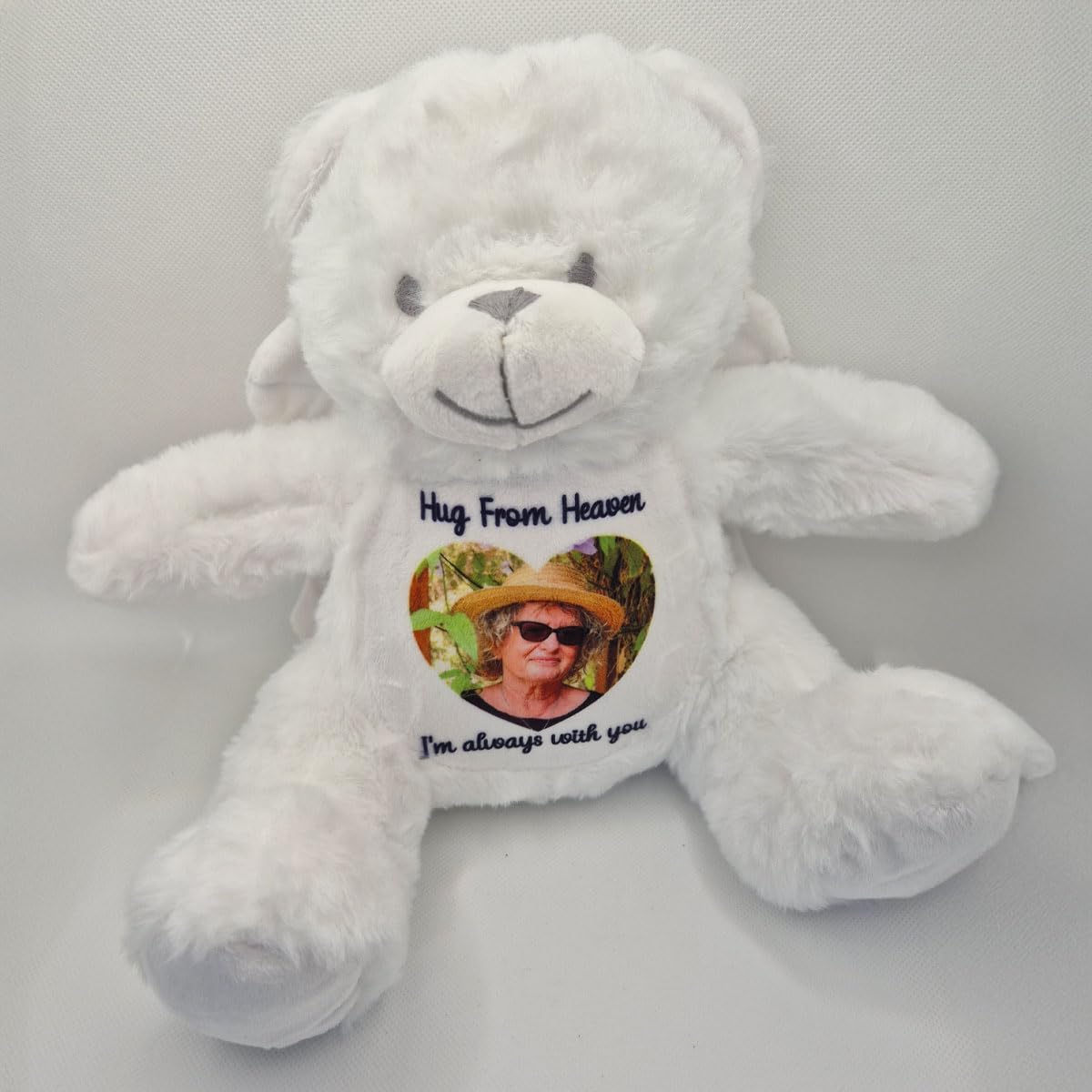 Personalised Memory Teddy Bear with Heart-Shaped Photo – “A Cuddle From Heaven” Keepsake Gift – 28 Bear Styles – Add Your Text & Choose Colour – Custom Memorial Bear (White Angel Teddy)