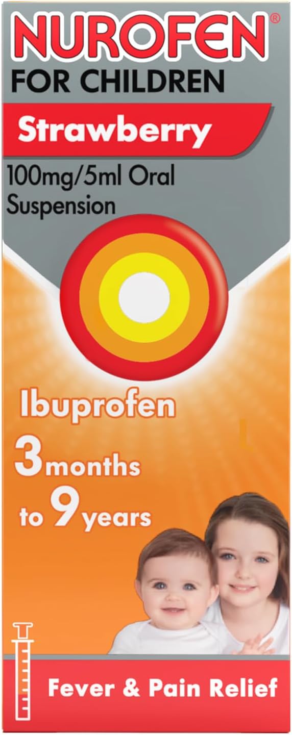Nurofen For Children 3M-9Y, Kids Ibuprofen Strawberry 100 ml, Baby Teething Pain Relief, Cold Flu, Fast Acting, Up To 8 Hours, Fever Reducer, Child Medicine