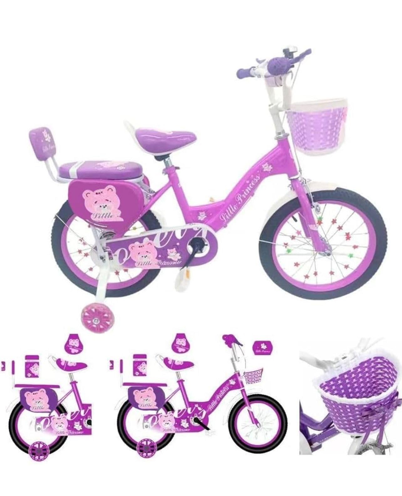 Girls Bike 16" Purple with Stabilisers, Basket & Bell — Adjustable Seat & Handlebars
